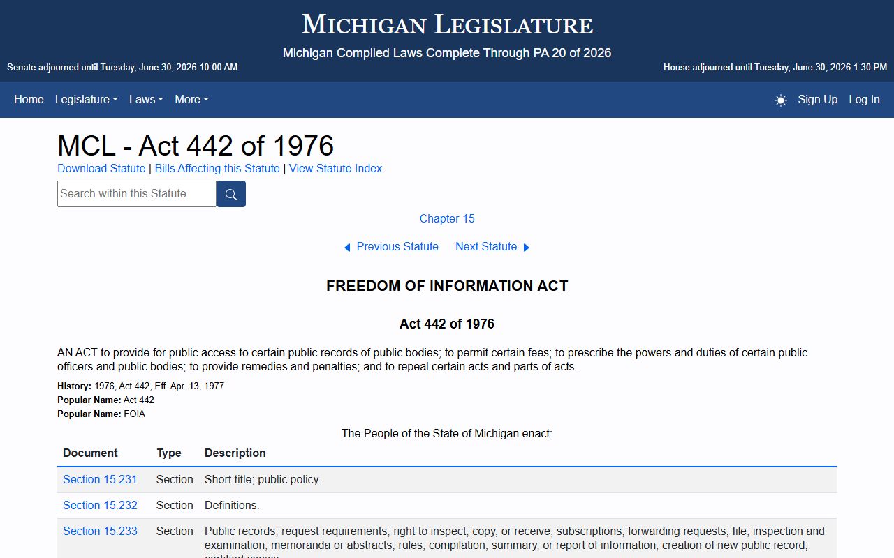 Washtenaw County clerk of the court Michigan FOIA Act 442 of 1976 full text