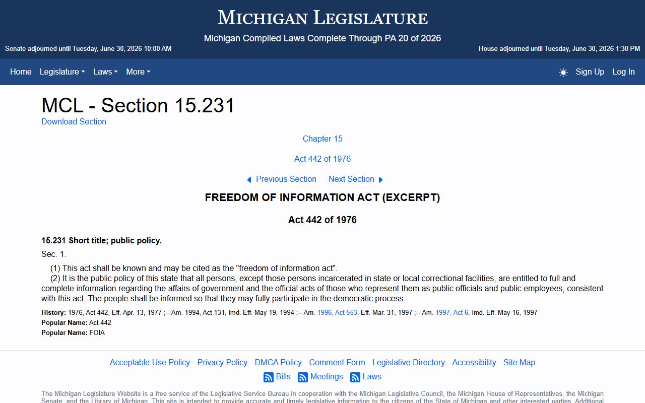 Washtenaw County clerk of the court Michigan FOIA statute MCL 15.231 section