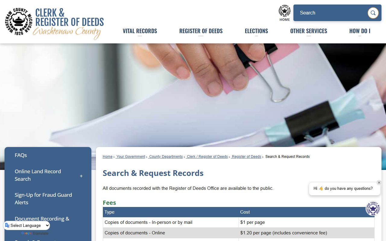 Washtenaw County clerk of the court Register of Deeds record search and request page