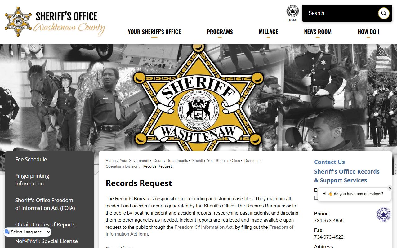 Washtenaw County arrest records request page at the Sheriff's Office