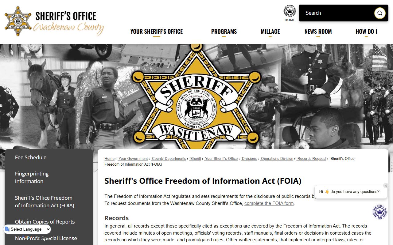 Washtenaw County arrest records and the Sheriff's Office FOIA request page