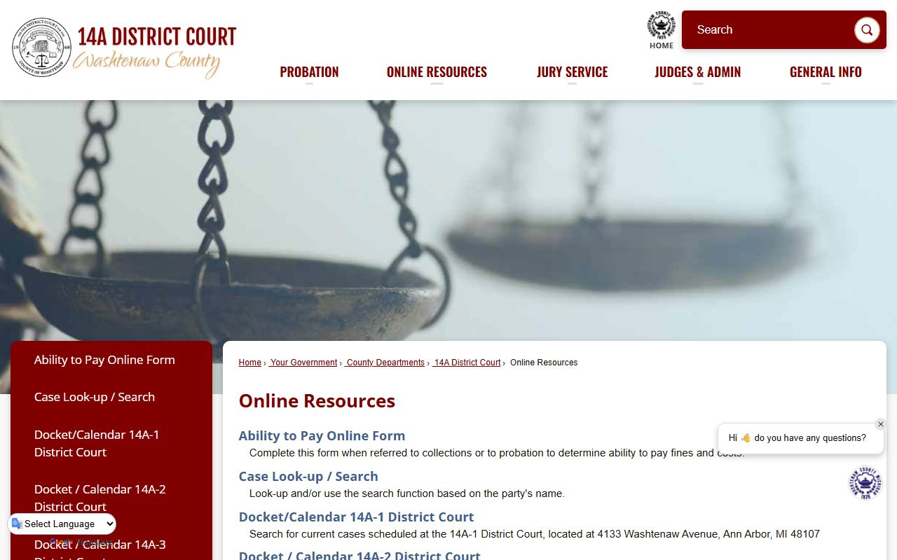 Washtenaw County court dockets and case lookup links on the 14A District Court online resources page