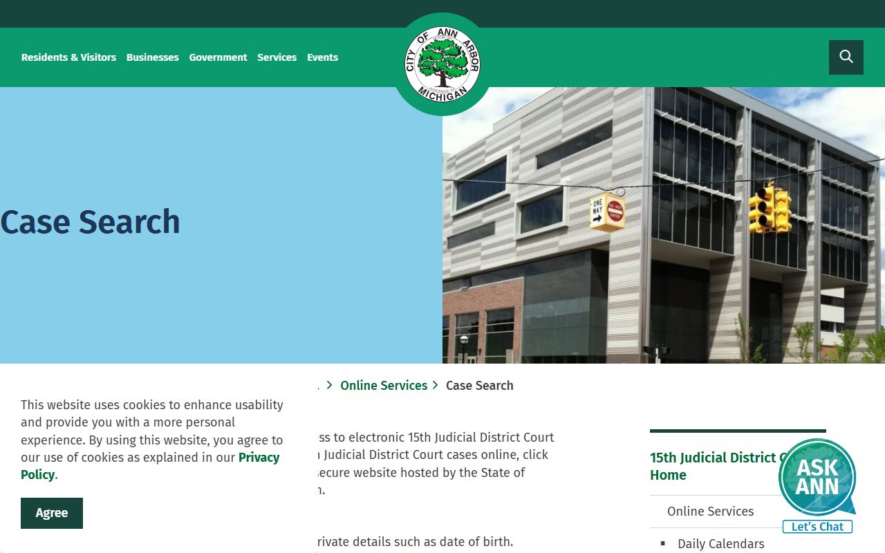 Washtenaw County court dockets through the 15th Judicial District Court case search page