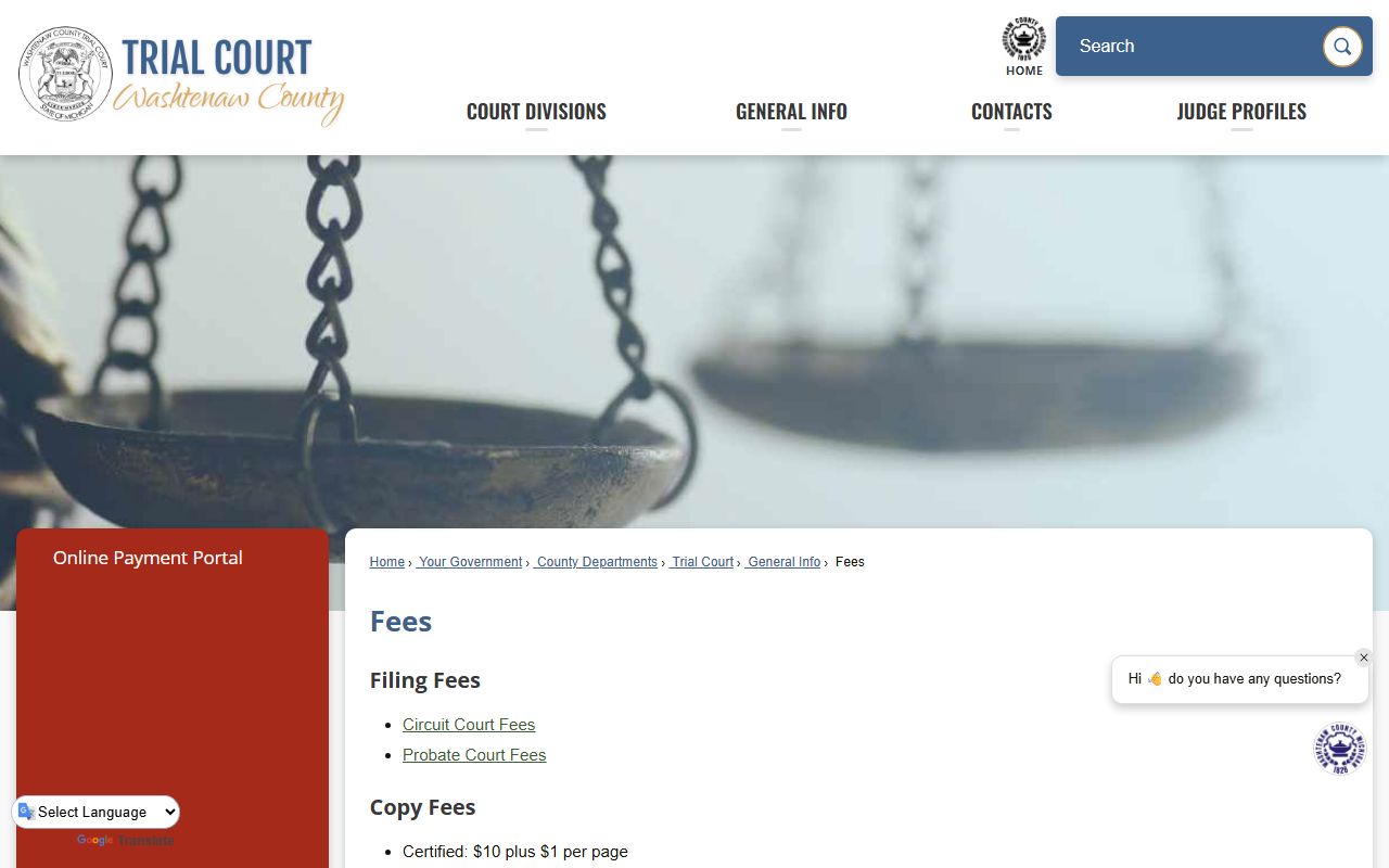 Washtenaw County court records Trial Court fee schedule page