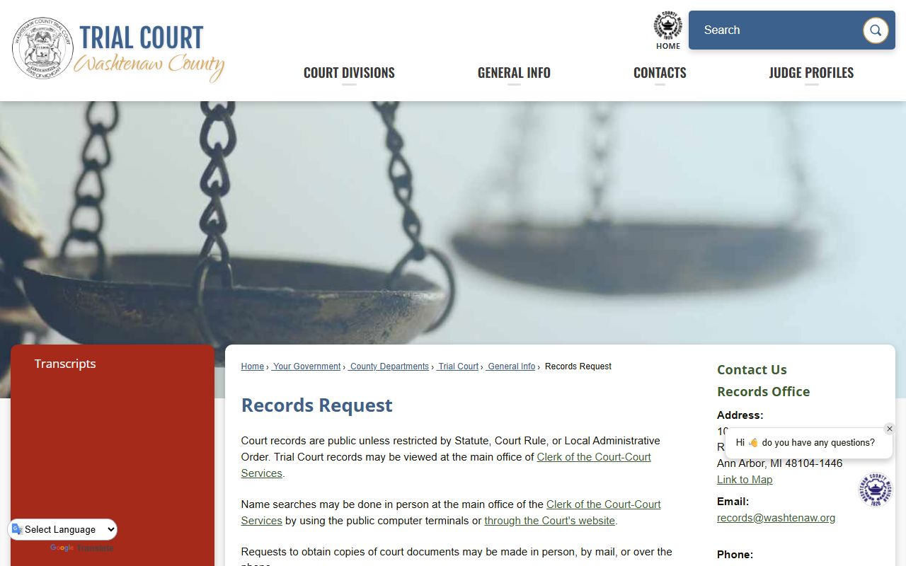 Washtenaw County court records request instructions page