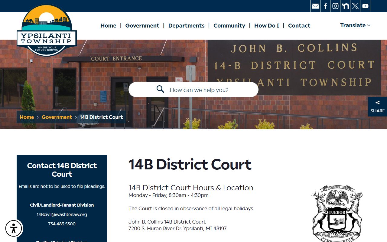 Washtenaw County 14B District Court page in Ypsilanti Township