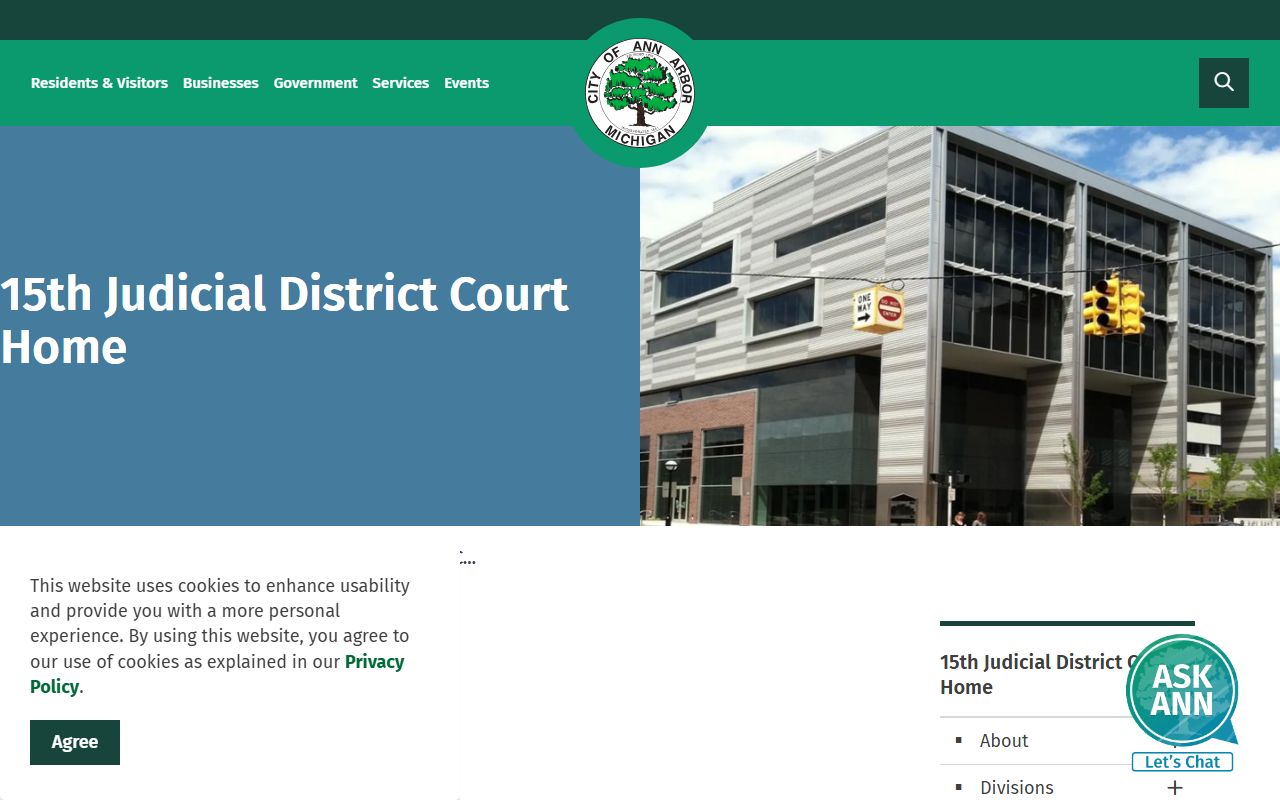 Washtenaw County 15th Judicial District Court home page in Ann Arbor
