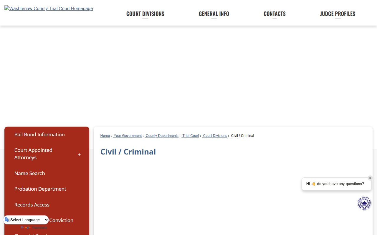 Washtenaw County Court civil and criminal division records page