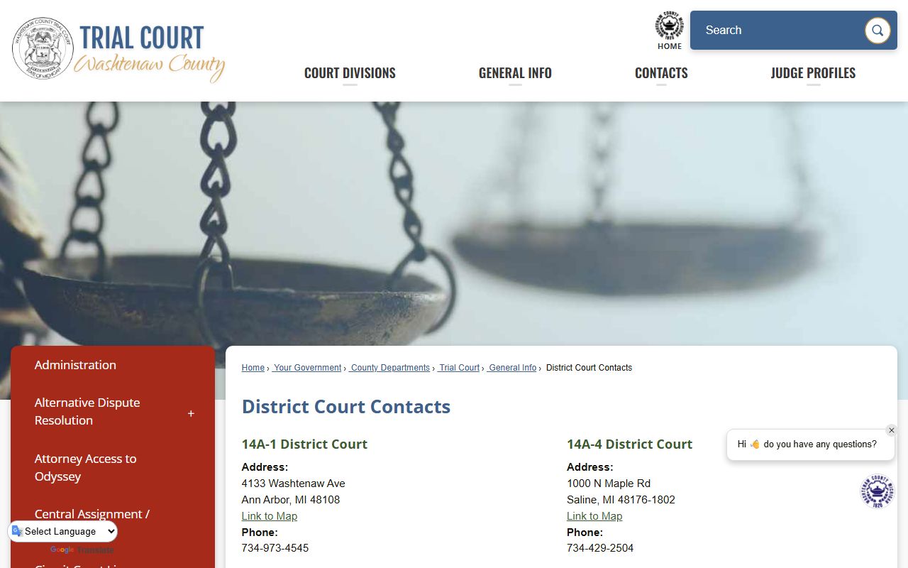Washtenaw County Court district court contacts directory