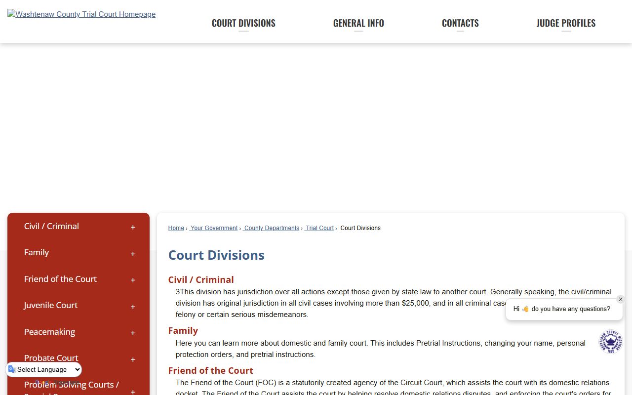 Washtenaw County Court divisions compared for records access