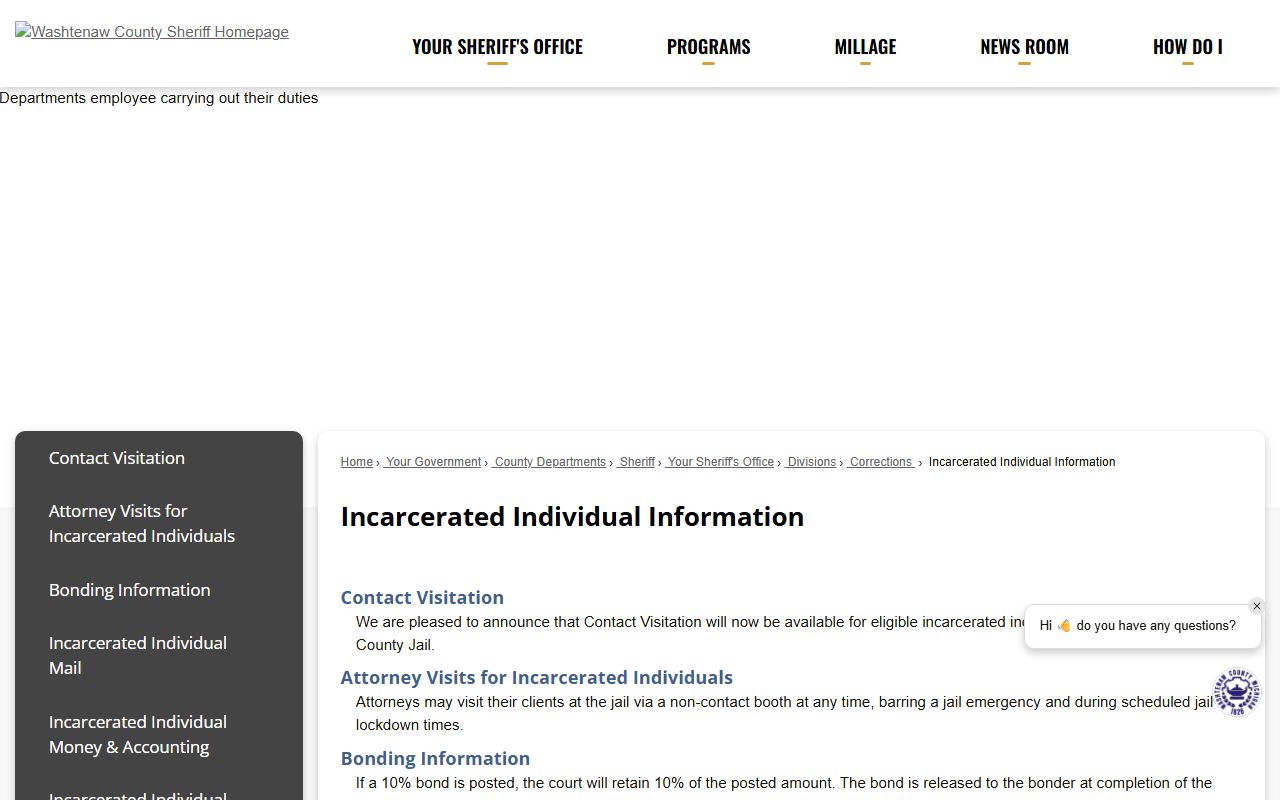 Washtenaw County inmate records incarcerated individual information page