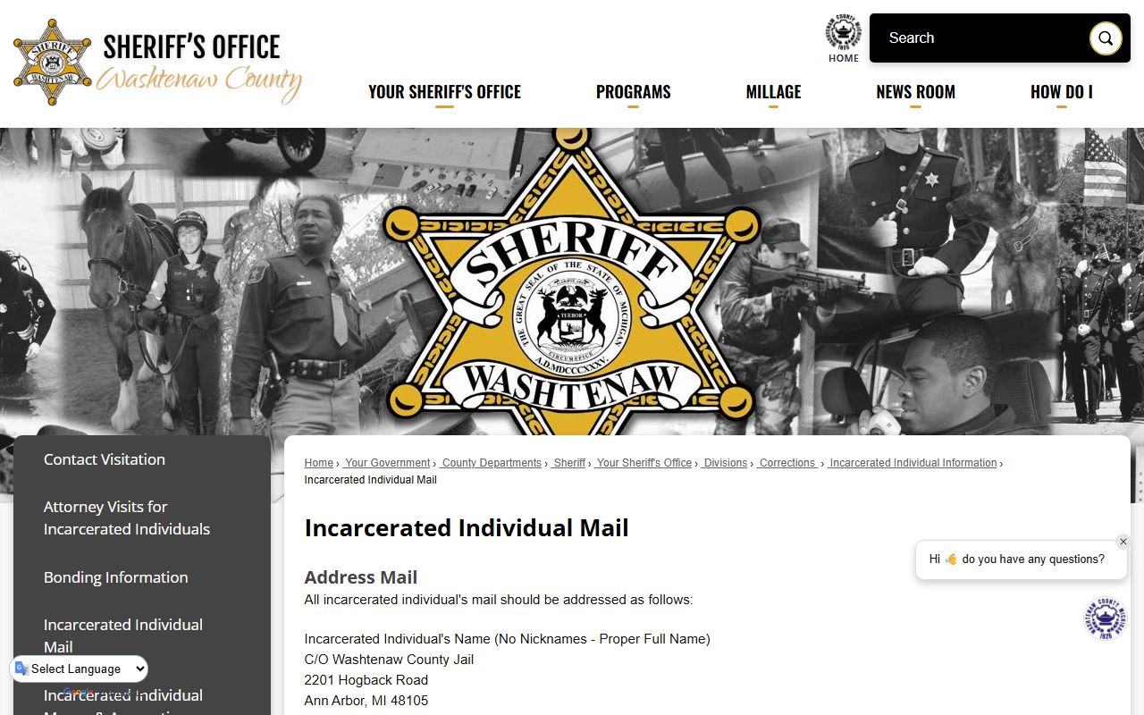 Washtenaw County inmate records incarcerated individual mail rules