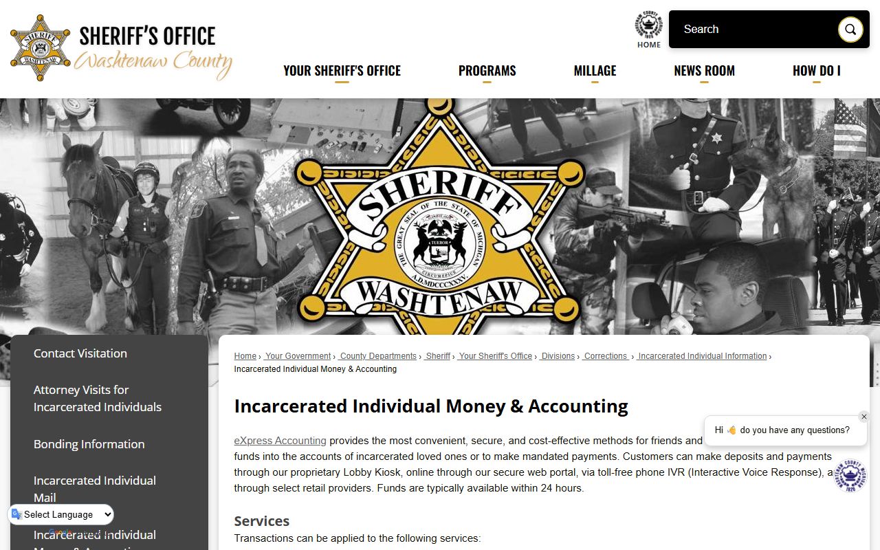 Washtenaw County inmate records money accounting and commissary deposits
