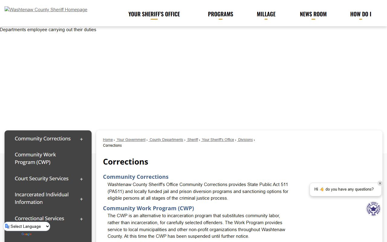 Washtenaw County Sheriff Corrections division and inmate records overview