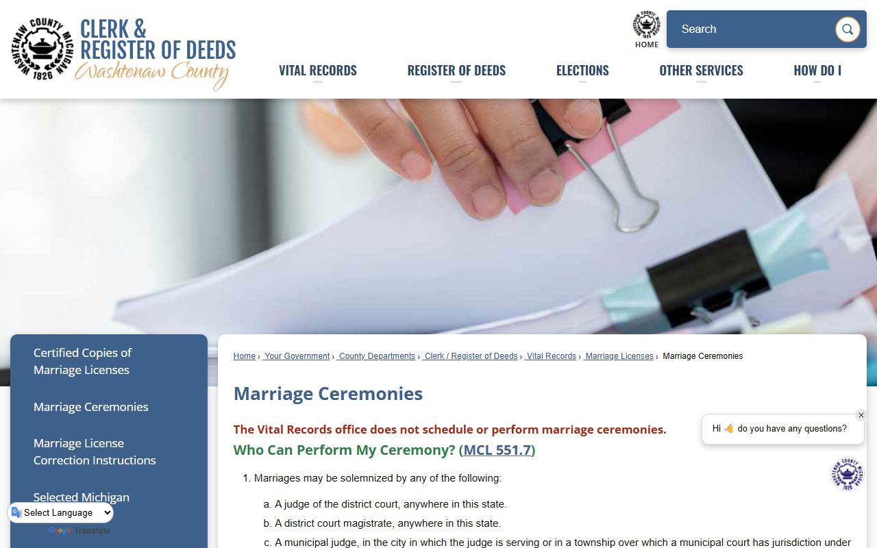 Washtenaw County marriage ceremony information for licensed couples