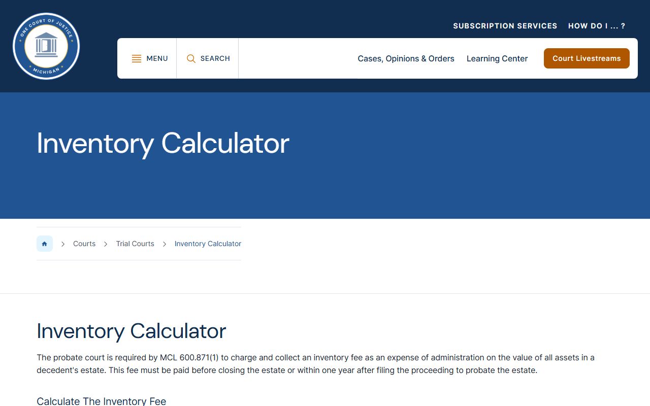 Washtenaw County probate records Michigan Courts inventory fee calculator