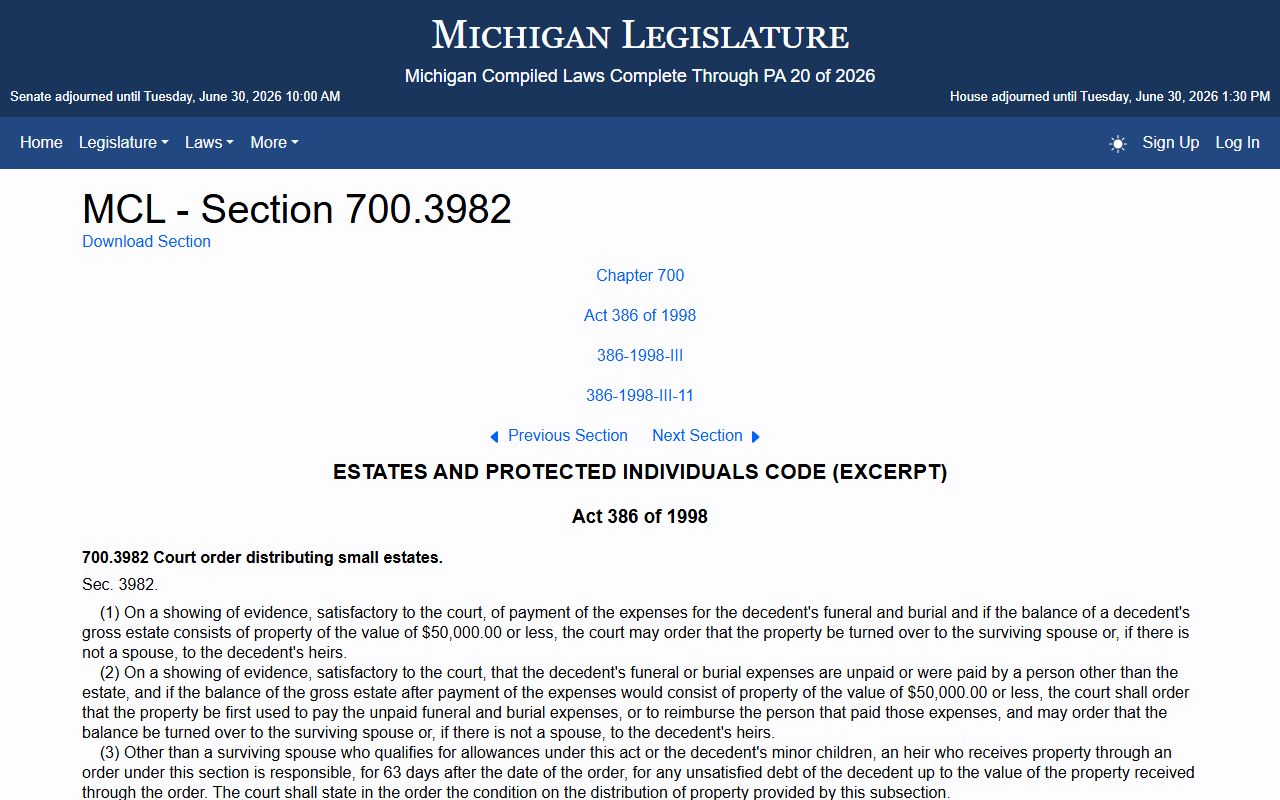 Washtenaw County probate records small estates statute MCL 700.3982