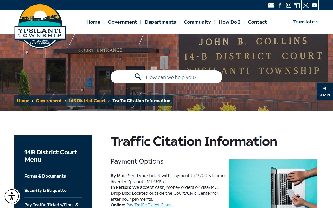 Washtenaw County traffic court records payment channels at the 14B District Court