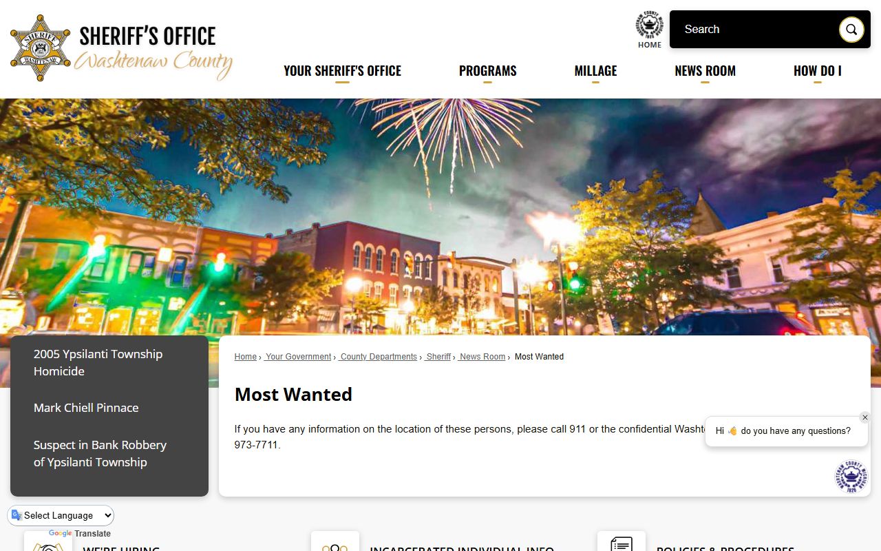 Washtenaw County Sheriff Most Wanted warrant records page